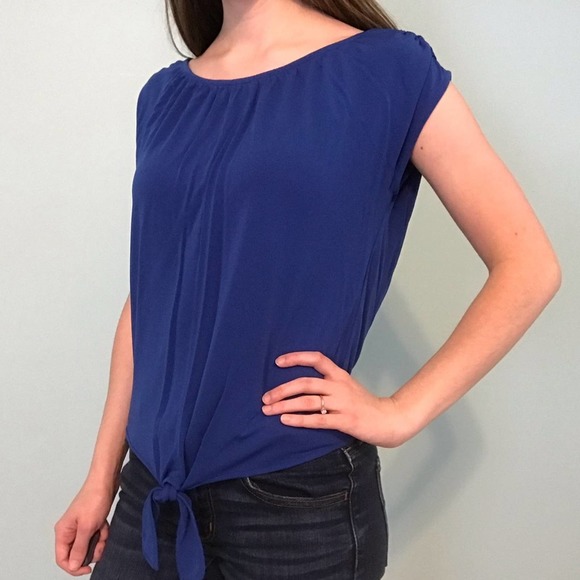 Ann Taylor Blue Blouse w/ Tie Front size XS - Picture 2 of 8